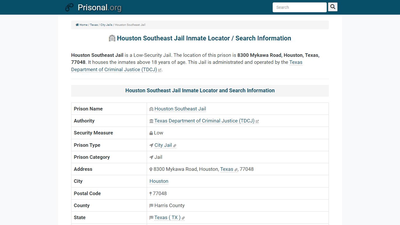 Houston Southeast Jail-Inmate Locator/Search Info, Phone ...